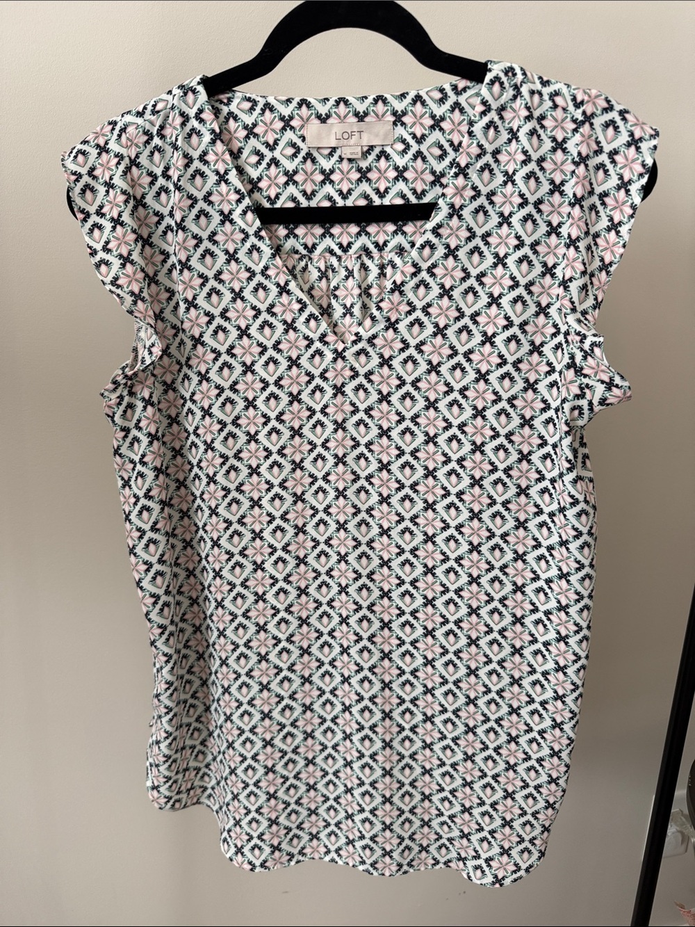LOFT Pink and Black Geometric Cap-Sleeve Shell